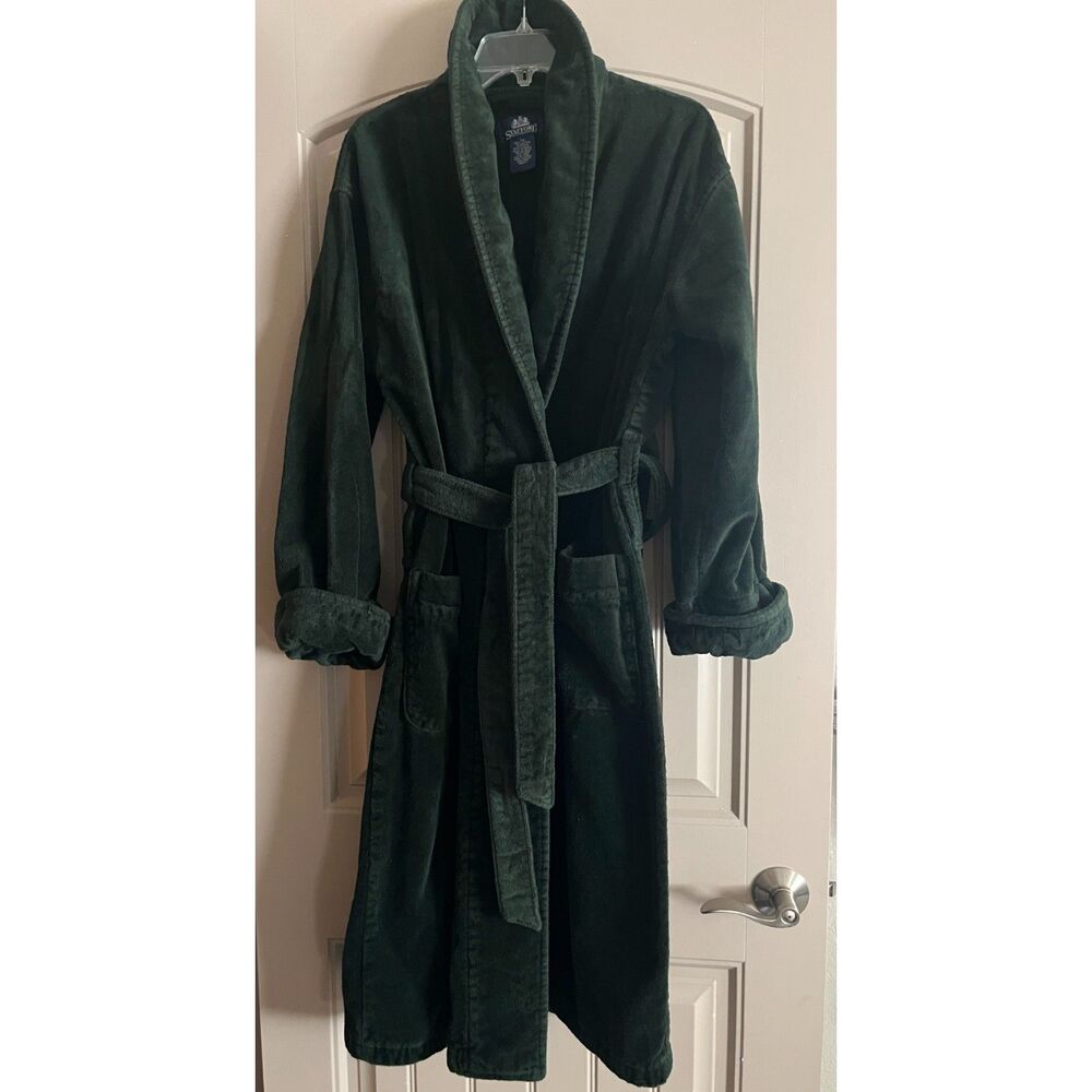Stafford Men's Dark Green Velour 100% Cotton Belted Robe Sz S/M